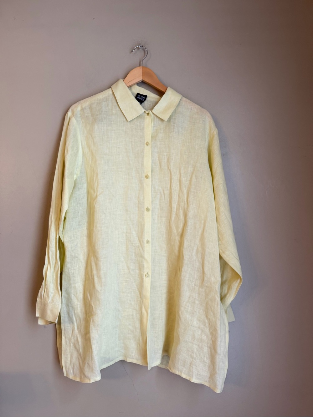 Eileen Fisher Vintage Linen Butter Yellow Button Down Shirt Large Lagenlook Boho